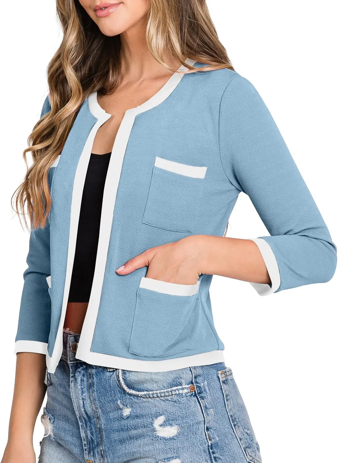 DOUBLJU Casual Open Front Crop Blazers 3/4 Sleeve Round Neck Formal Cropped Jackets for Womens with Plus Size Business Work