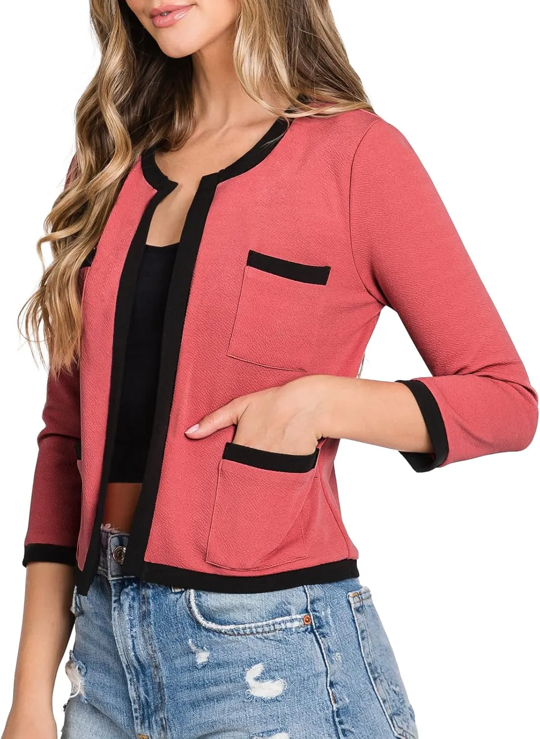 DOUBLJU Casual Open Front Crop Blazers 3/4 Sleeve Round Neck Formal Cropped Jackets for Womens with Plus Size Business Work