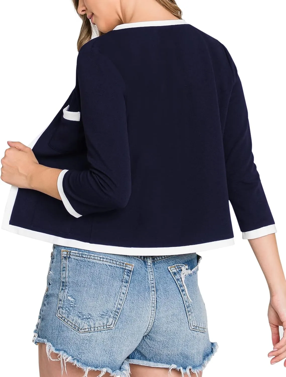 DOUBLJU Casual Open Front Crop Blazers 3/4 Sleeve Round Neck Formal Cropped Jackets for Womens with Plus Size Business Work