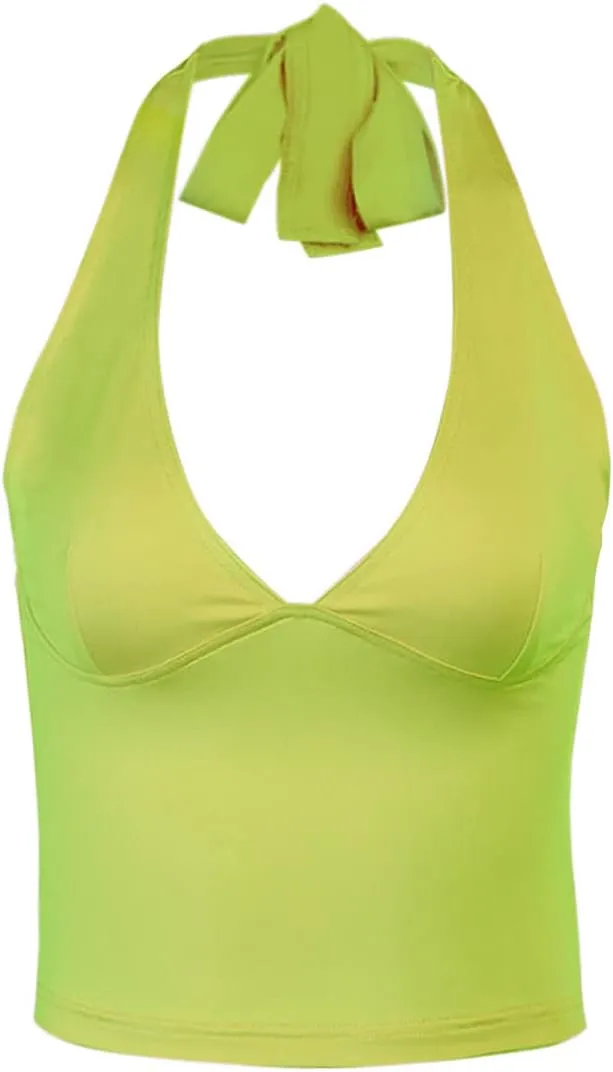 DREAM SLIM Women's Tie Back Halter Crop Top Sexy Deep V Neck Sleeveless Tie Back Camisole Casual Workout Tank Tops