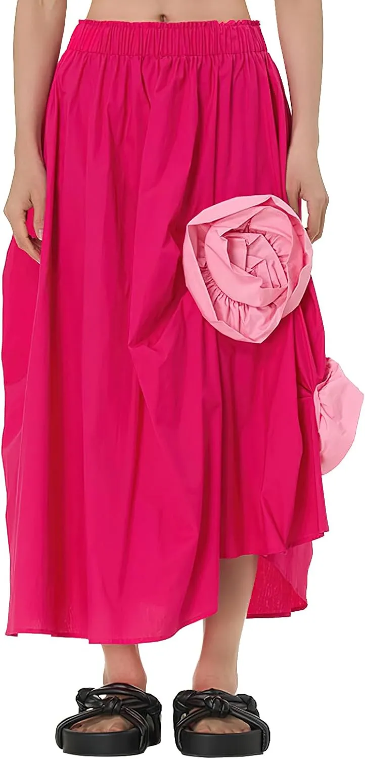 ebossy Women's 3D Floral Novelty Long Skirt Asymmetrical Pleated Summer Flowy Cotton Baggy Skirts