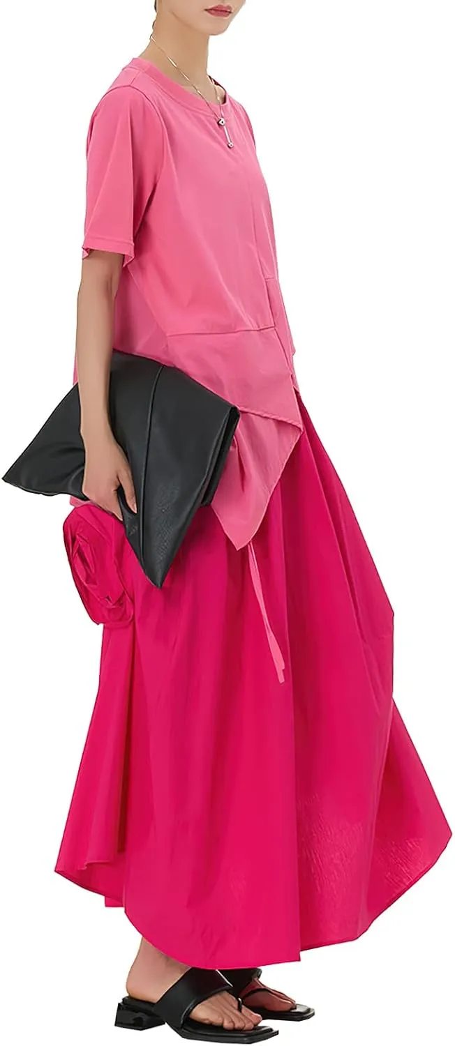 ebossy Women's 3D Floral Novelty Long Skirt Asymmetrical Pleated Summer Flowy Cotton Baggy Skirts