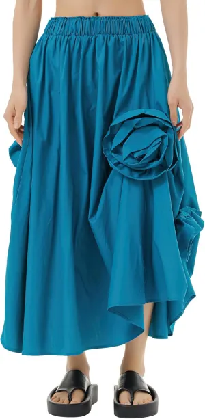 ebossy Women's 3D Floral Novelty Long Skirt Asymmetrical Pleated Summer Flowy Cotton Baggy Skirts