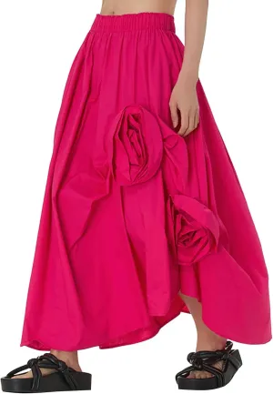 ebossy Women's 3D Floral Novelty Long Skirt Asymmetrical Pleated Summer Flowy Cotton Baggy Skirts