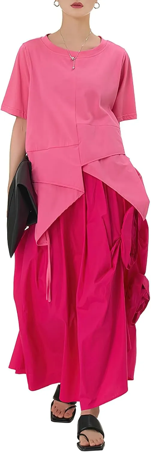 ebossy Women's 3D Floral Novelty Long Skirt Asymmetrical Pleated Summer Flowy Cotton Baggy Skirts