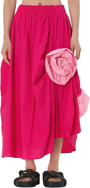 ebossy Women's 3D Floral Novelty Long Skirt Asymmetrical Pleated Summer Flowy Cotton Baggy Skirts