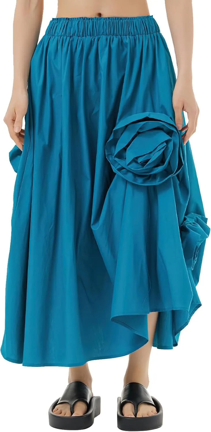 ebossy Women's 3D Floral Novelty Long Skirt Asymmetrical Pleated Summer Flowy Cotton Baggy Skirts