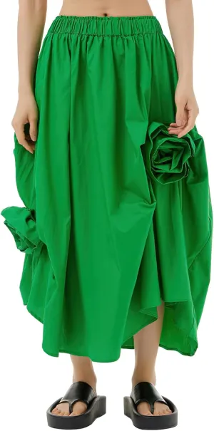 ebossy Women's 3D Floral Novelty Long Skirt Asymmetrical Pleated Summer Flowy Cotton Baggy Skirts