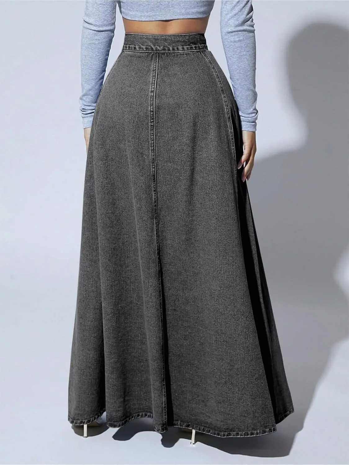 ebossy Women's Retro High Waisted Button Fly Flared Long Jean Skirts Pleated Flowy Swing A-line Denim Maxi Skirts