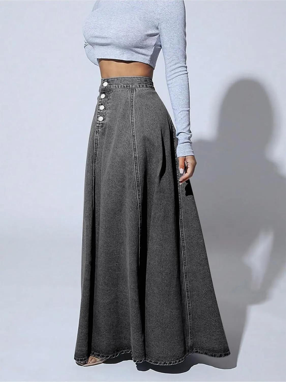 ebossy Women's Retro High Waisted Button Fly Flared Long Jean Skirts Pleated Flowy Swing A-line Denim Maxi Skirts
