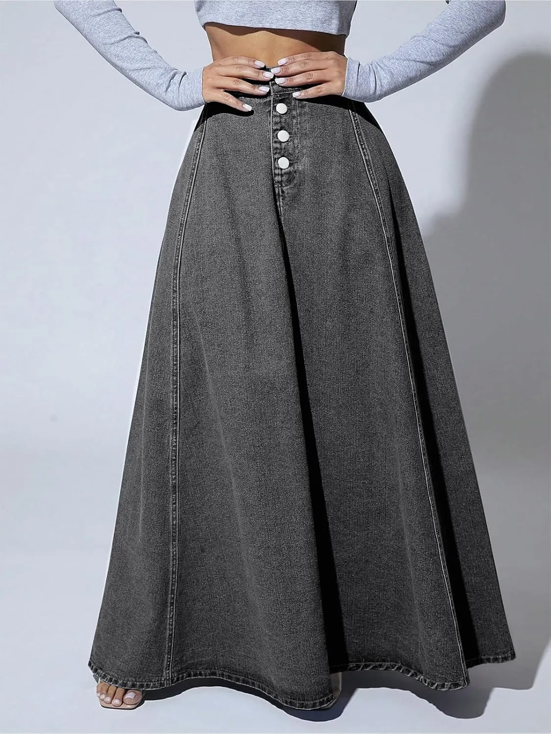 ebossy Women's Retro High Waisted Button Fly Flared Long Jean Skirts Pleated Flowy Swing A-line Denim Maxi Skirts