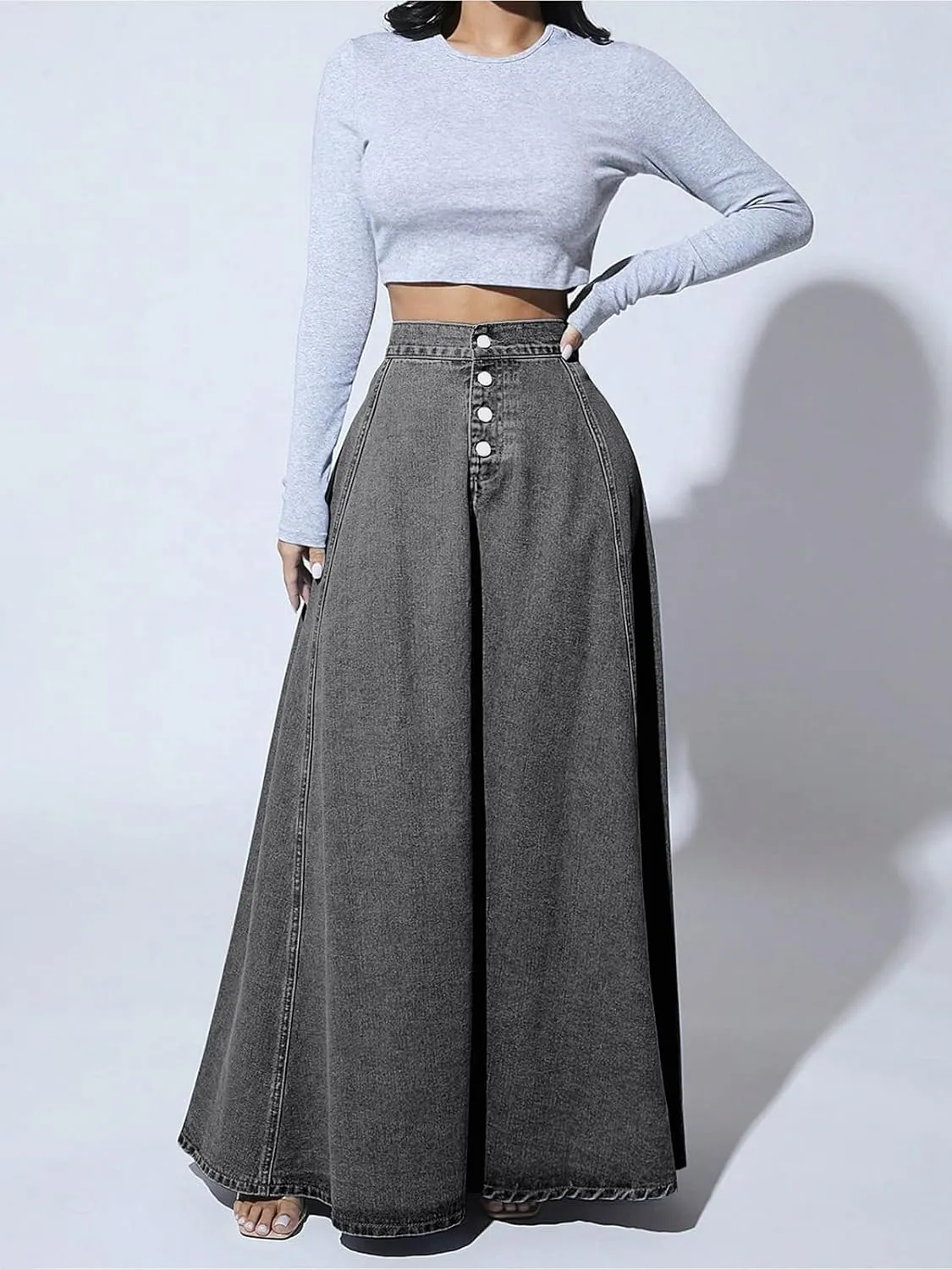 ebossy Women's Retro High Waisted Button Fly Flared Long Jean Skirts Pleated Flowy Swing A-line Denim Maxi Skirts