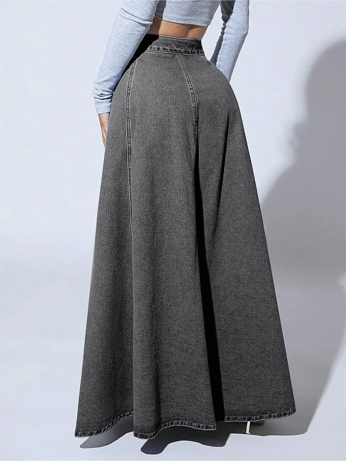 ebossy Women's Retro High Waisted Button Fly Flared Long Jean Skirts Pleated Flowy Swing A-line Denim Maxi Skirts