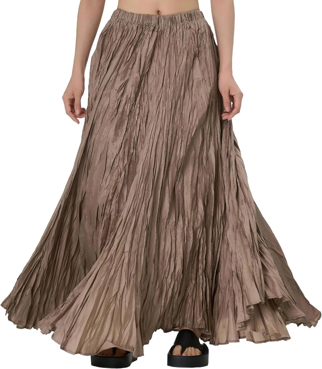 ebossy Women's Wrinkled Long Skirt High Elastic Waist Pleated Full Length Swing Skirts