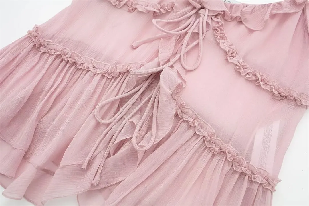 ERFMFKL Women Solid Ruffle Tank Top Translucent Front Tie Cropped Top Summer Sweet Off Shoulder Camisole