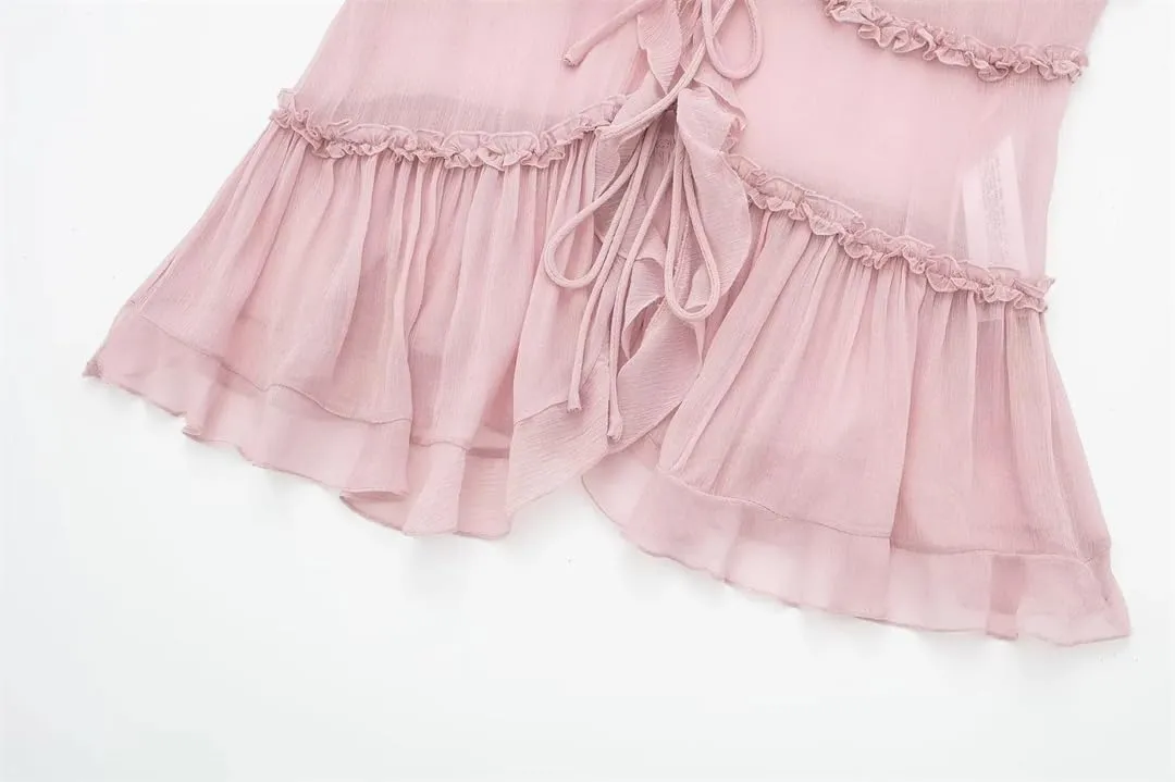 ERFMFKL Women Solid Ruffle Tank Top Translucent Front Tie Cropped Top Summer Sweet Off Shoulder Camisole