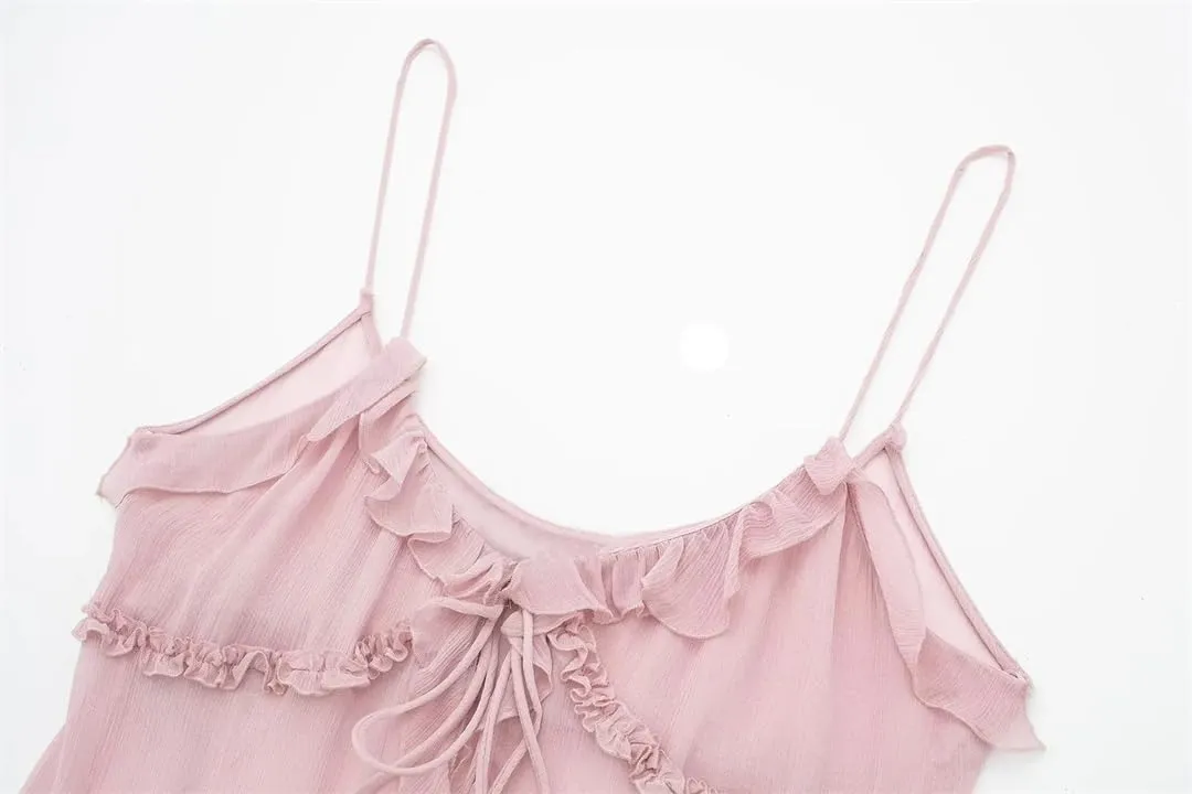 ERFMFKL Women Solid Ruffle Tank Top Translucent Front Tie Cropped Top Summer Sweet Off Shoulder Camisole