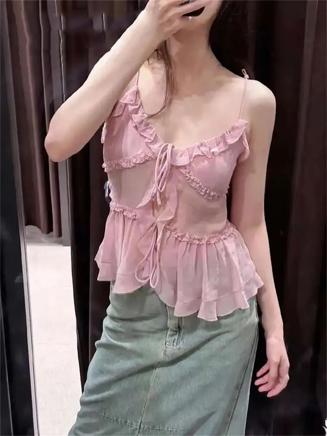 ERFMFKL Women Solid Ruffle Tank Top Translucent Front Tie Cropped Top Summer Sweet Off Shoulder Camisole