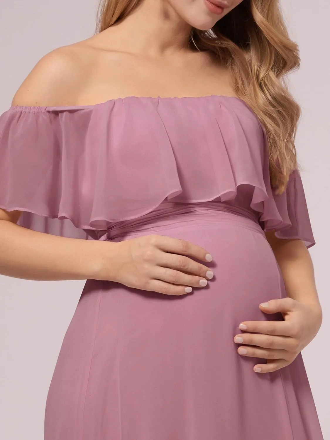 Ever-Pretty Womens Off-Shoulder Side Slit Long Chiffon Ruffle Pregnancy Party Dress Maternity Photography Dresses 0969-EY