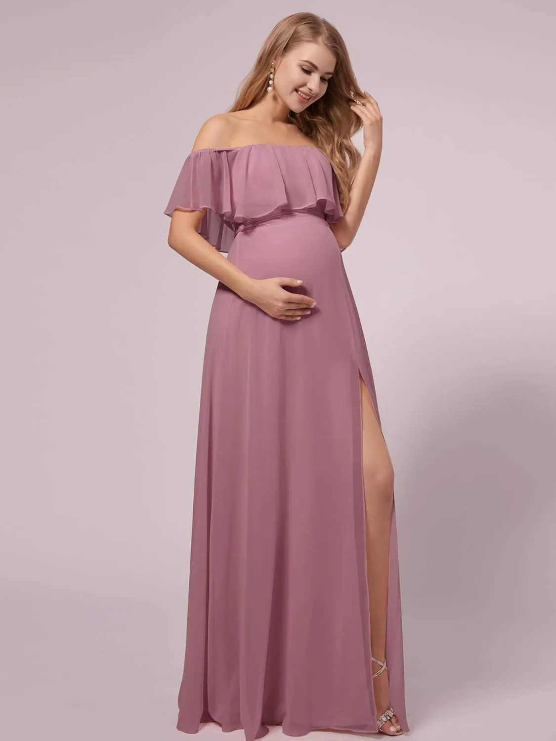 Ever-Pretty Womens Off-Shoulder Side Slit Long Chiffon Ruffle Pregnancy Party Dress Maternity Photography Dresses 0969-EY