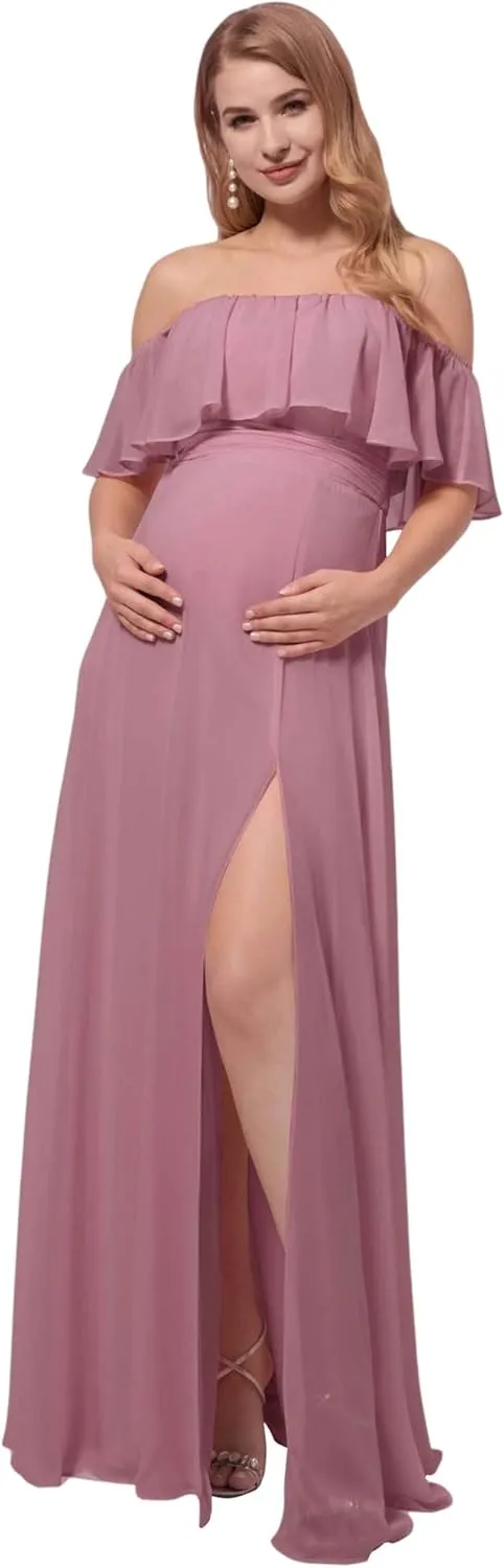 Ever-Pretty Womens Off-Shoulder Side Slit Long Chiffon Ruffle Pregnancy Party Dress Maternity Photography Dresses 0969-EY