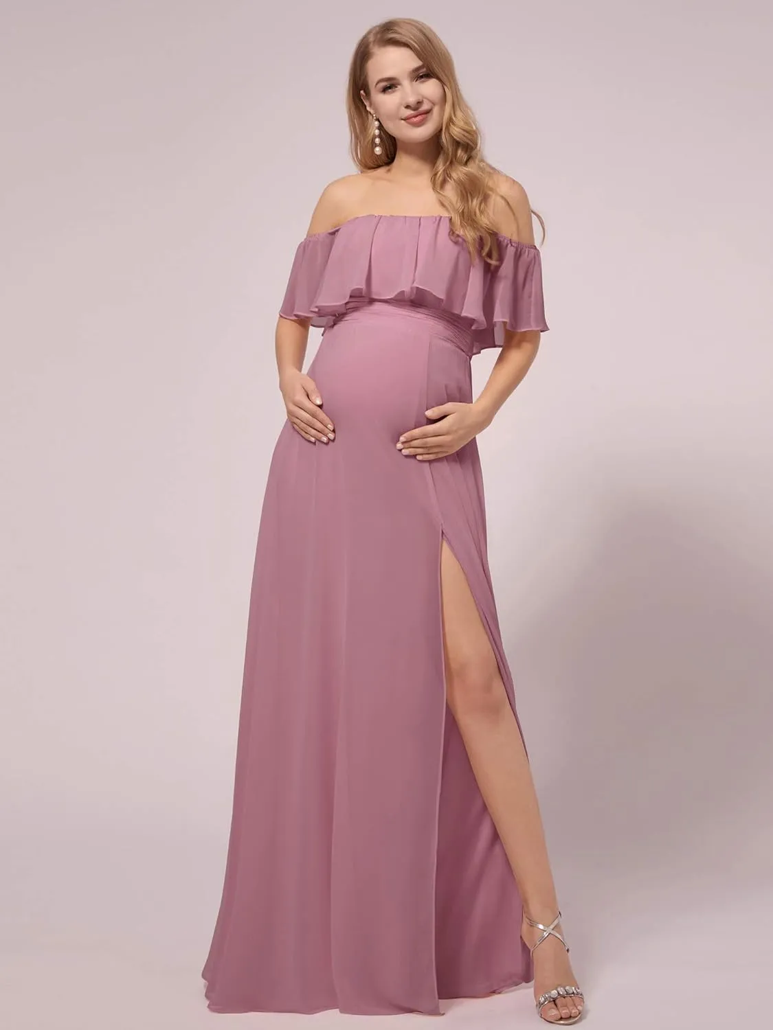 Ever-Pretty Womens Off-Shoulder Side Slit Long Chiffon Ruffle Pregnancy Party Dress Maternity Photography Dresses 0969-EY