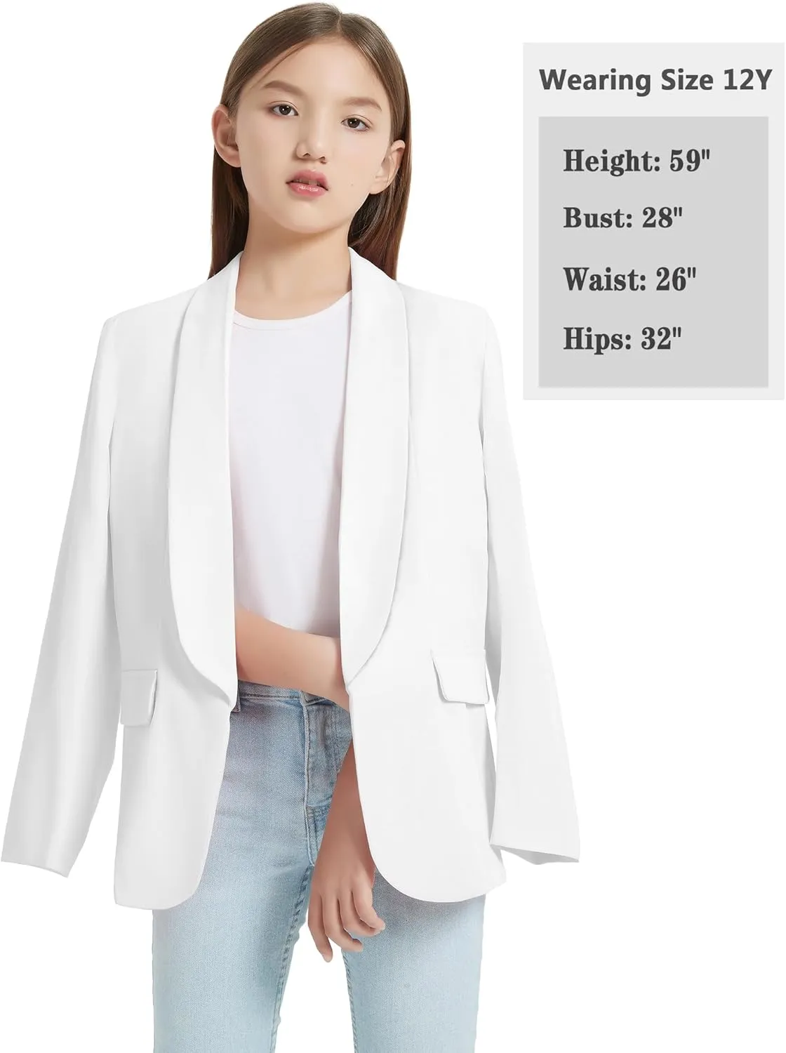 EXARUS Girls Blazer Long Sleeve Shawl Collar Formal Blazers Suit Jacket Open Front Inner Pocket for Kids Size 6-12 Year
