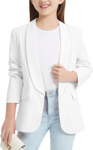 EXARUS Girls Blazer Long Sleeve Shawl Collar Formal Blazers Suit Jacket Open Front Inner Pocket for Kids Size 6-12 Year