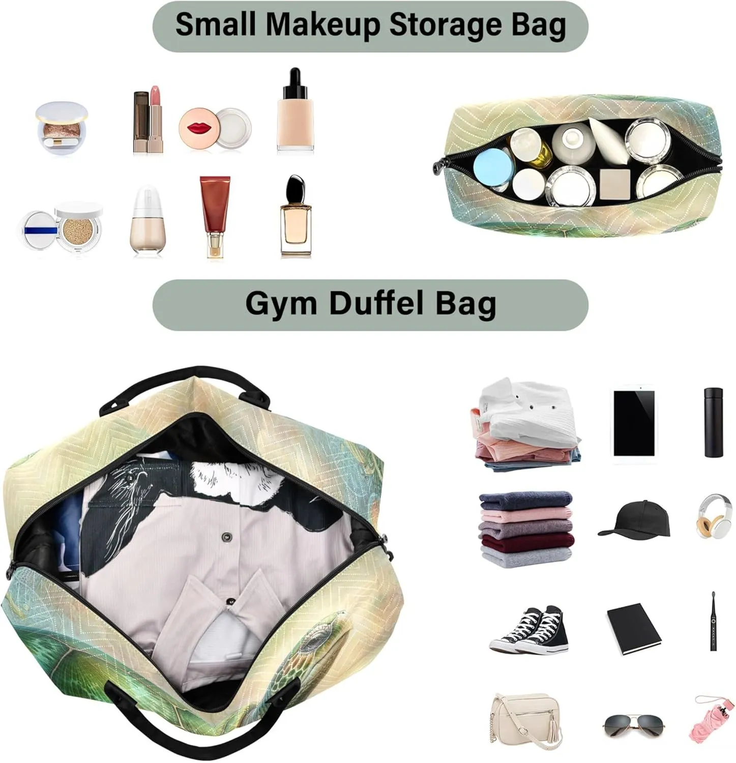 Fantasy Vintage Sea Turtle Art Travel Duffel Bag Toiletry Bags Set of 2, Animals Gym Bags Tote Carry on Bags for Airplanes
