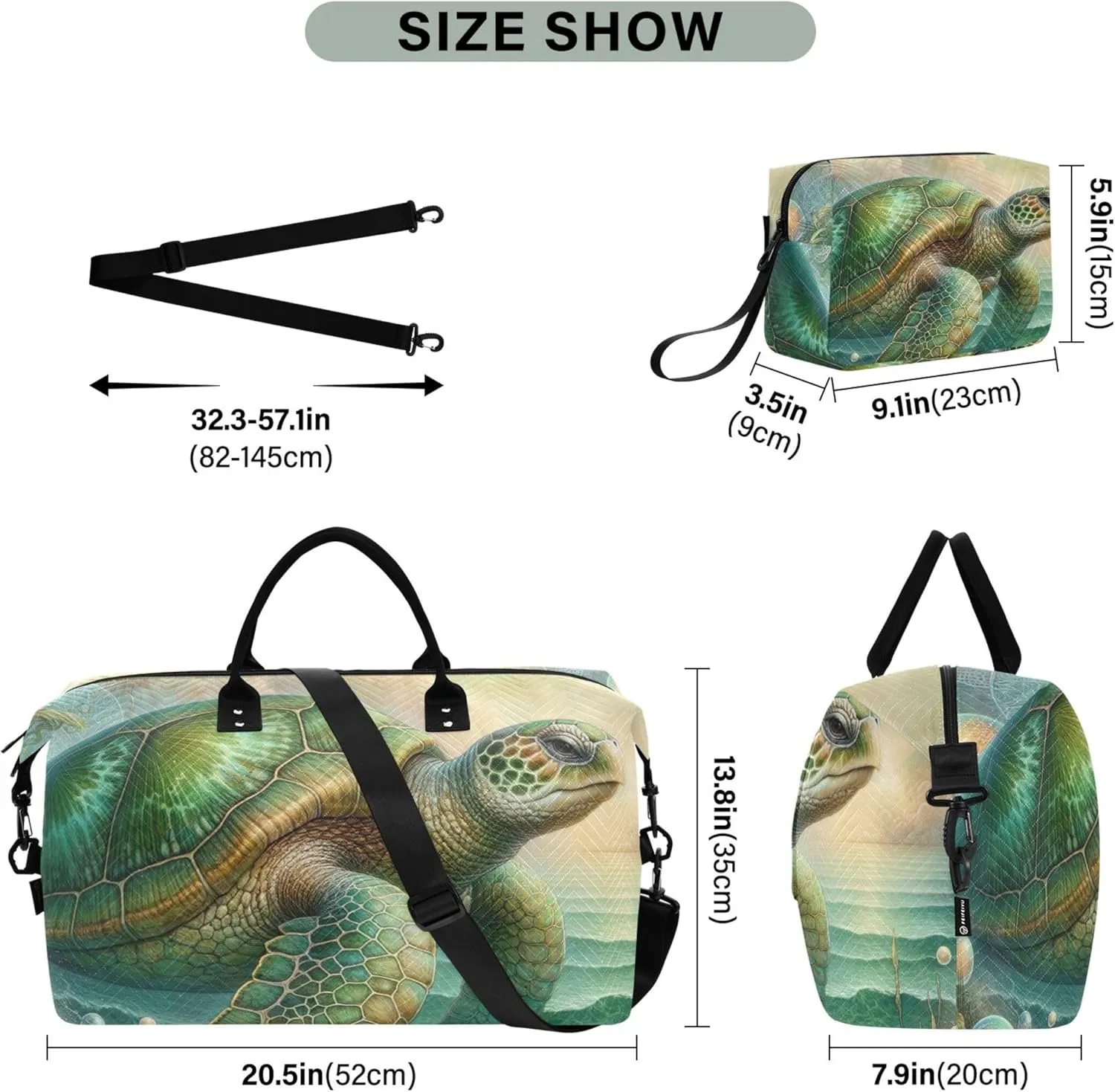 Fantasy Vintage Sea Turtle Art Travel Duffel Bag Toiletry Bags Set of 2, Animals Gym Bags Tote Carry on Bags for Airplanes