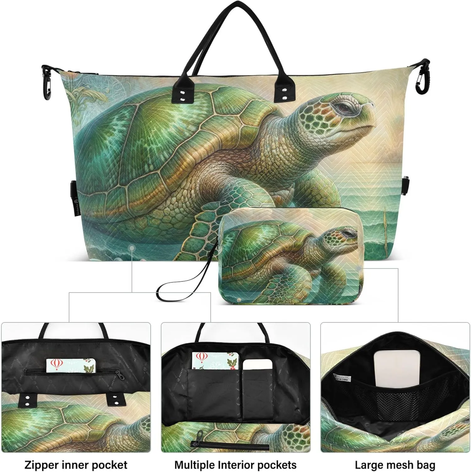 Fantasy Vintage Sea Turtle Art Travel Duffel Bag Toiletry Bags Set of 2, Animals Gym Bags Tote Carry on Bags for Airplanes