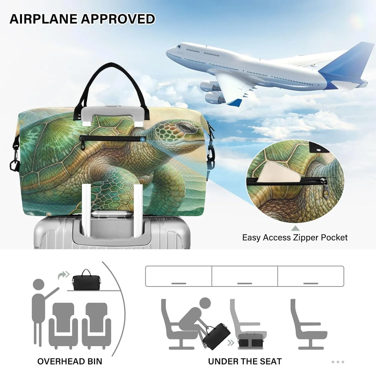 Fantasy Vintage Sea Turtle Art Travel Duffel Bag Toiletry Bags Set of 2, Animals Gym Bags Tote Carry on Bags for Airplanes