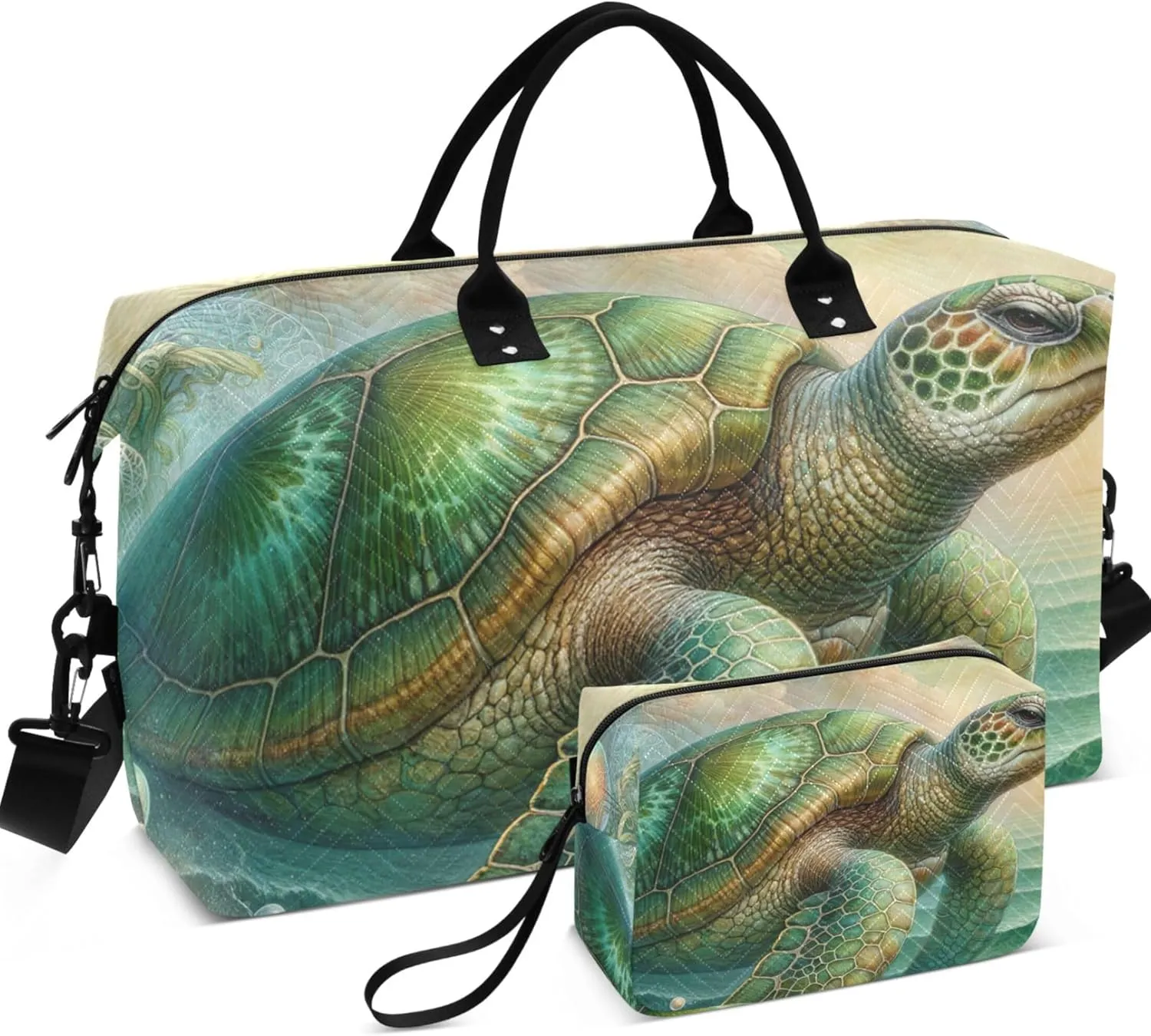 Fantasy Vintage Sea Turtle Art Travel Duffel Bag Toiletry Bags Set of 2, Animals Gym Bags Tote Carry on Bags for Airplanes