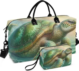 Fantasy Vintage Sea Turtle Art Travel Duffel Bag Toiletry Bags Set of 2, Animals Gym Bags Tote Carry on Bags for Airplanes