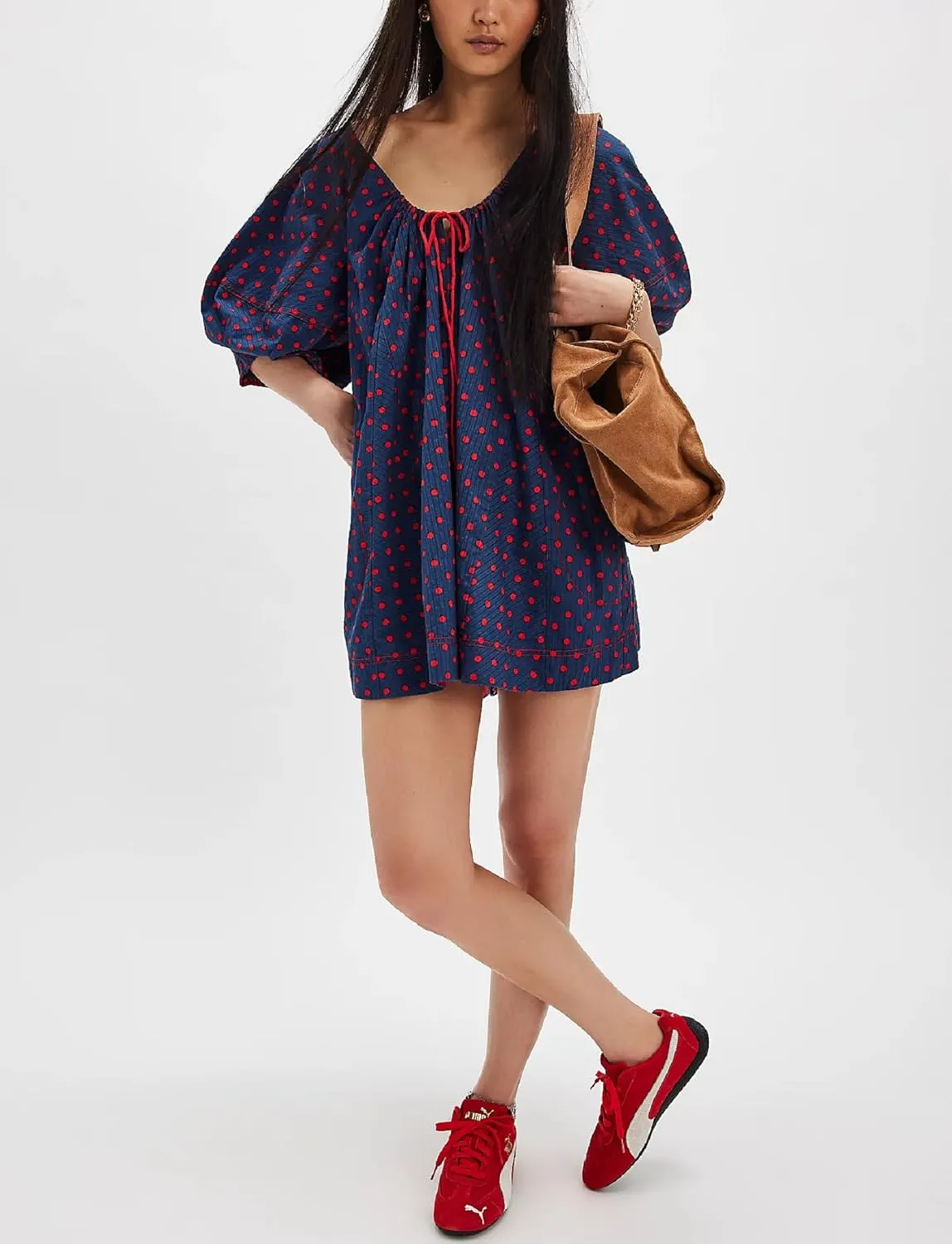 Faretumiya Women Puff Sleeve Mini Babydoll Dress Square Neck Flowy Ruffle A Line Smocked Short Dresses Cute Summer Sundress