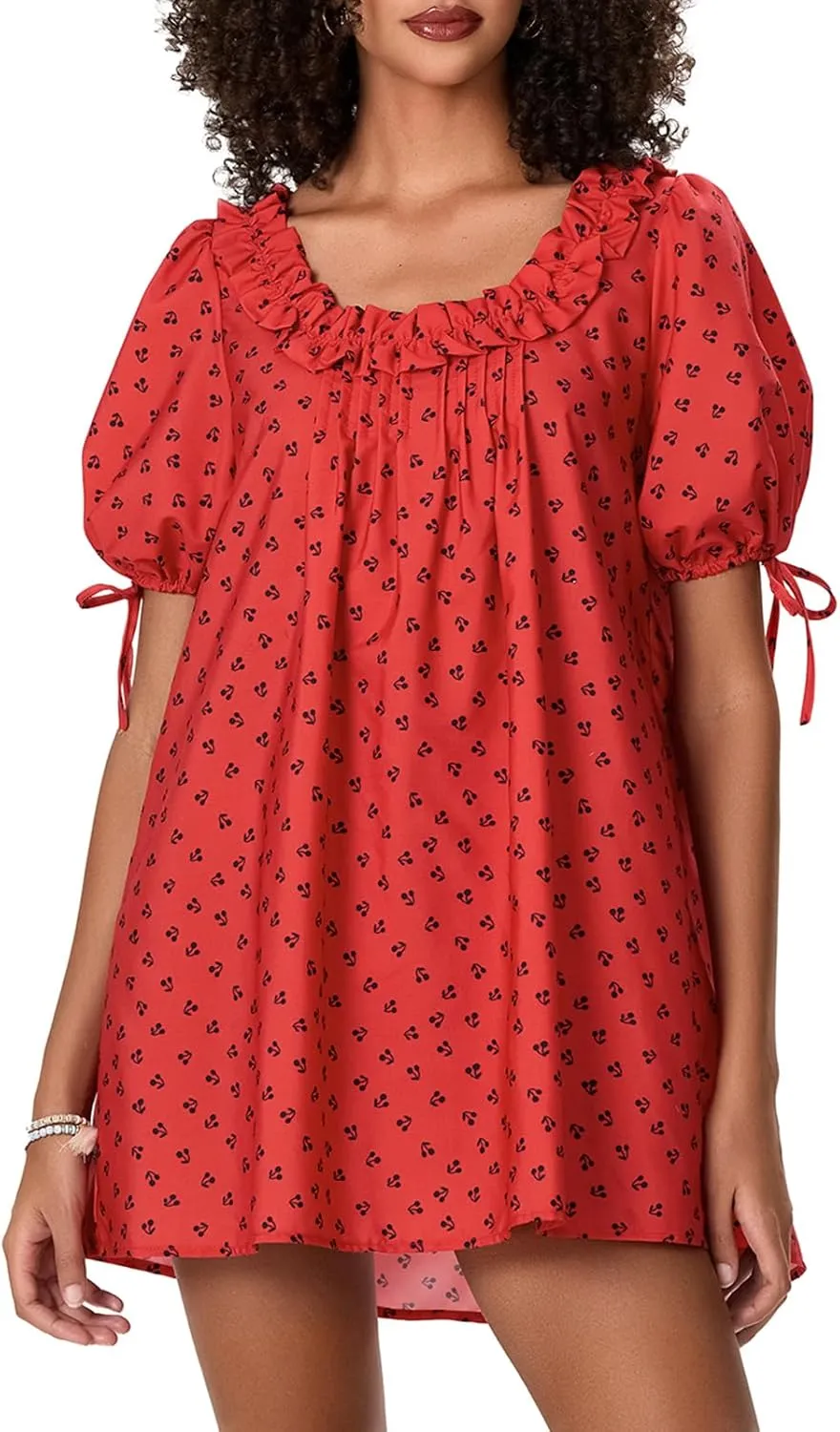Faretumiya Women Puff Sleeve Mini Babydoll Dress Square Neck Flowy Ruffle A Line Smocked Short Dresses Cute Summer Sundress