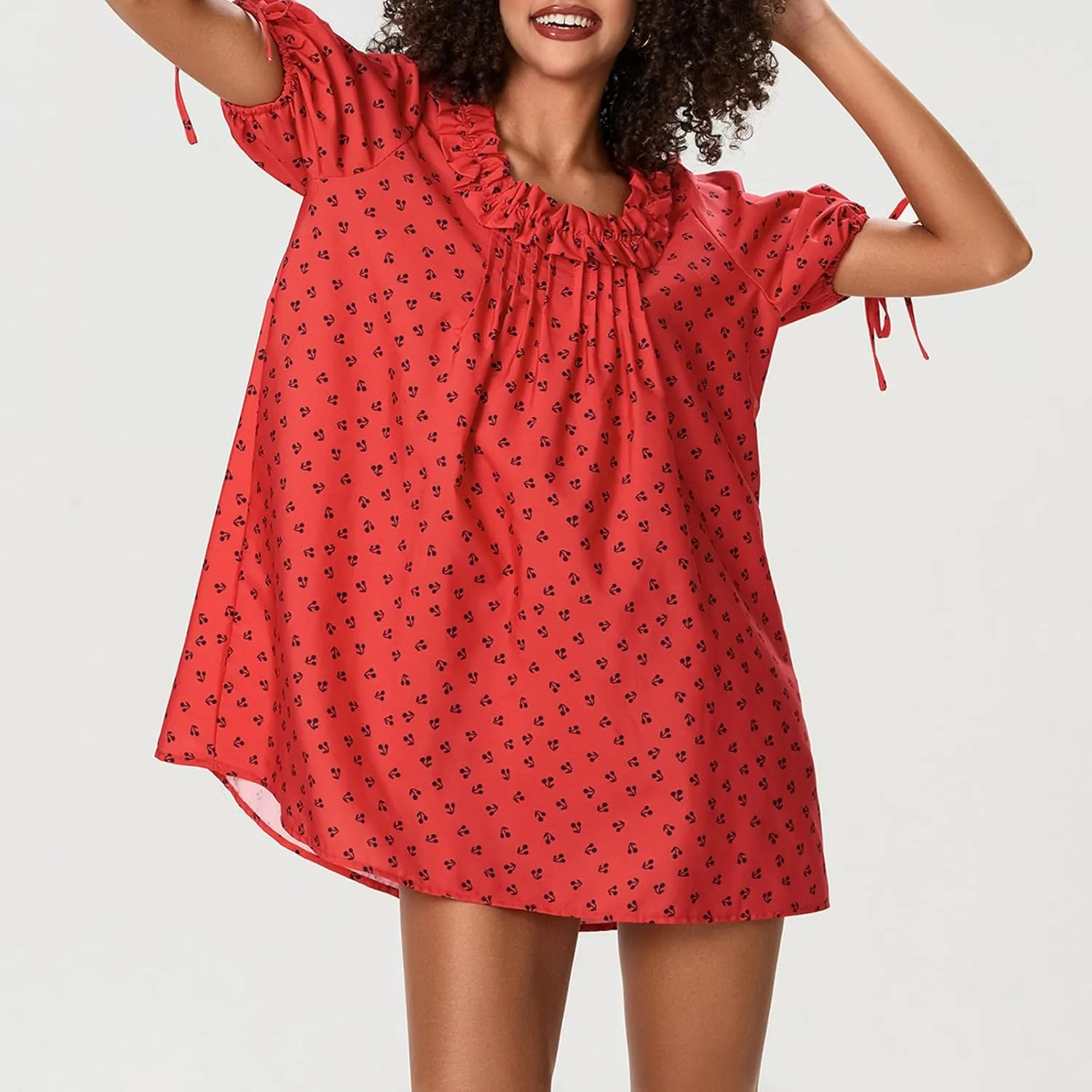 Faretumiya Women Puff Sleeve Mini Babydoll Dress Square Neck Flowy Ruffle A Line Smocked Short Dresses Cute Summer Sundress