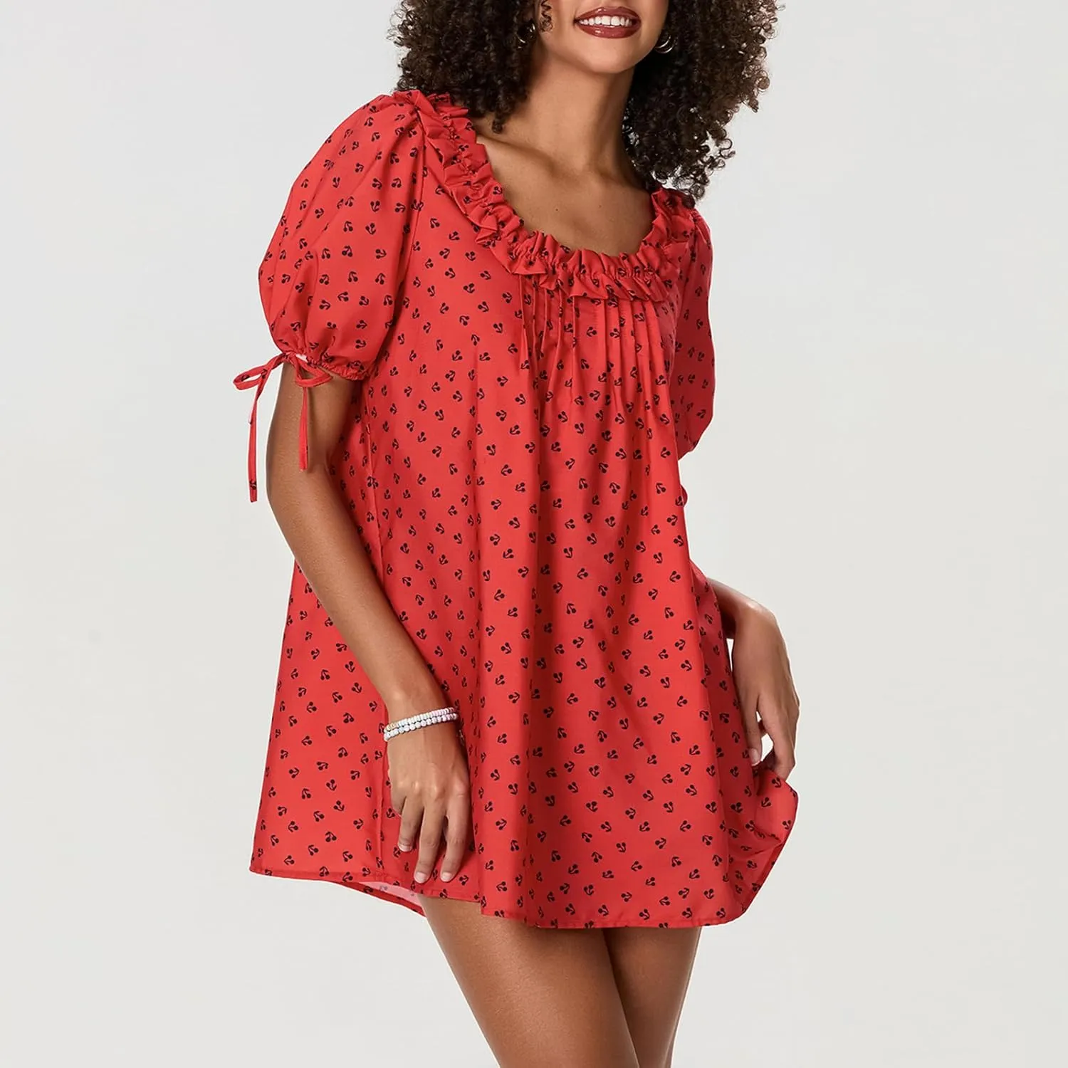 Faretumiya Women Puff Sleeve Mini Babydoll Dress Square Neck Flowy Ruffle A Line Smocked Short Dresses Cute Summer Sundress