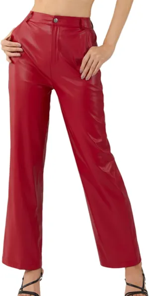 Faux Leather Pants for Women Solid Color High Waist Straight Leg Trousers Vintage 90s Streetwear Pant with Pockets