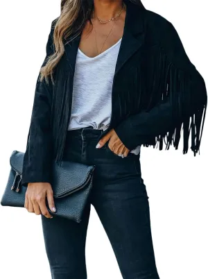 Faux Suede Tassel Jacket Womens Vintage Lapel Long Sleeve Fringe Cropped Cardigan Outwears