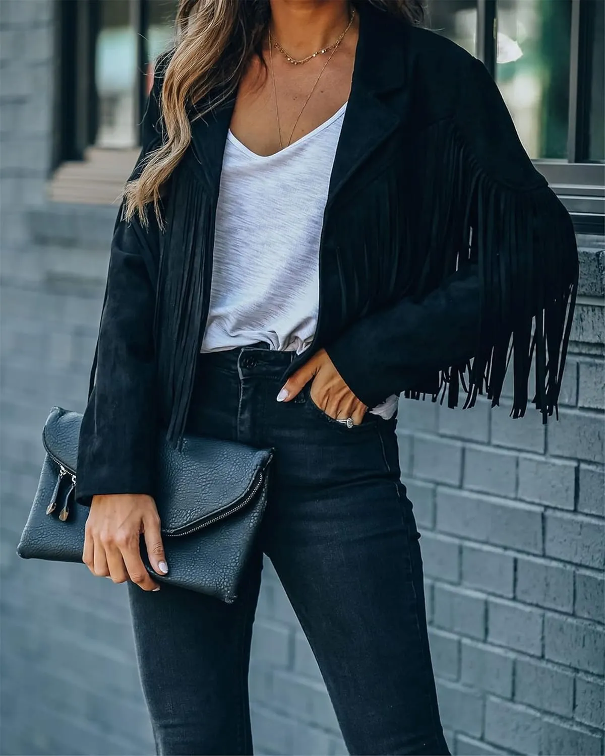 Faux Suede Tassel Jacket Womens Vintage Lapel Long Sleeve Fringe Cropped Cardigan Outwears