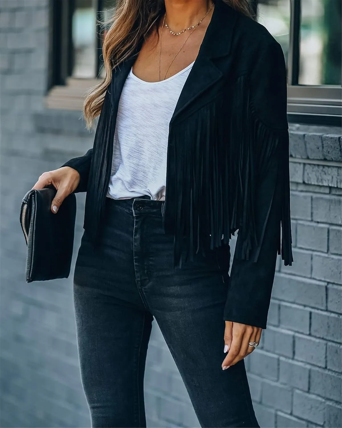 Faux Suede Tassel Jacket Womens Vintage Lapel Long Sleeve Fringe Cropped Cardigan Outwears