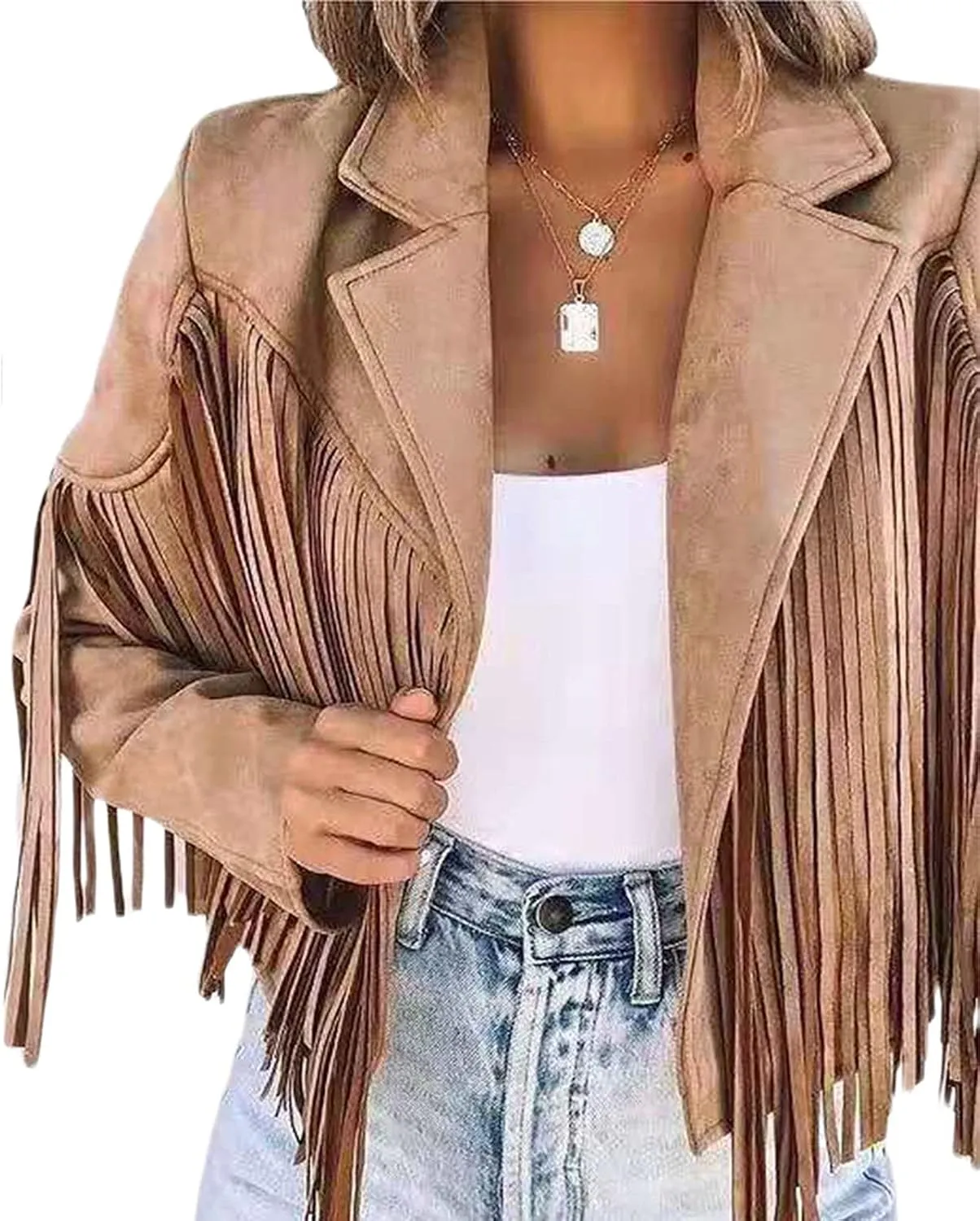 Faux Suede Tassel Jacket Womens Vintage Lapel Long Sleeve Fringe Cropped Cardigan Outwears