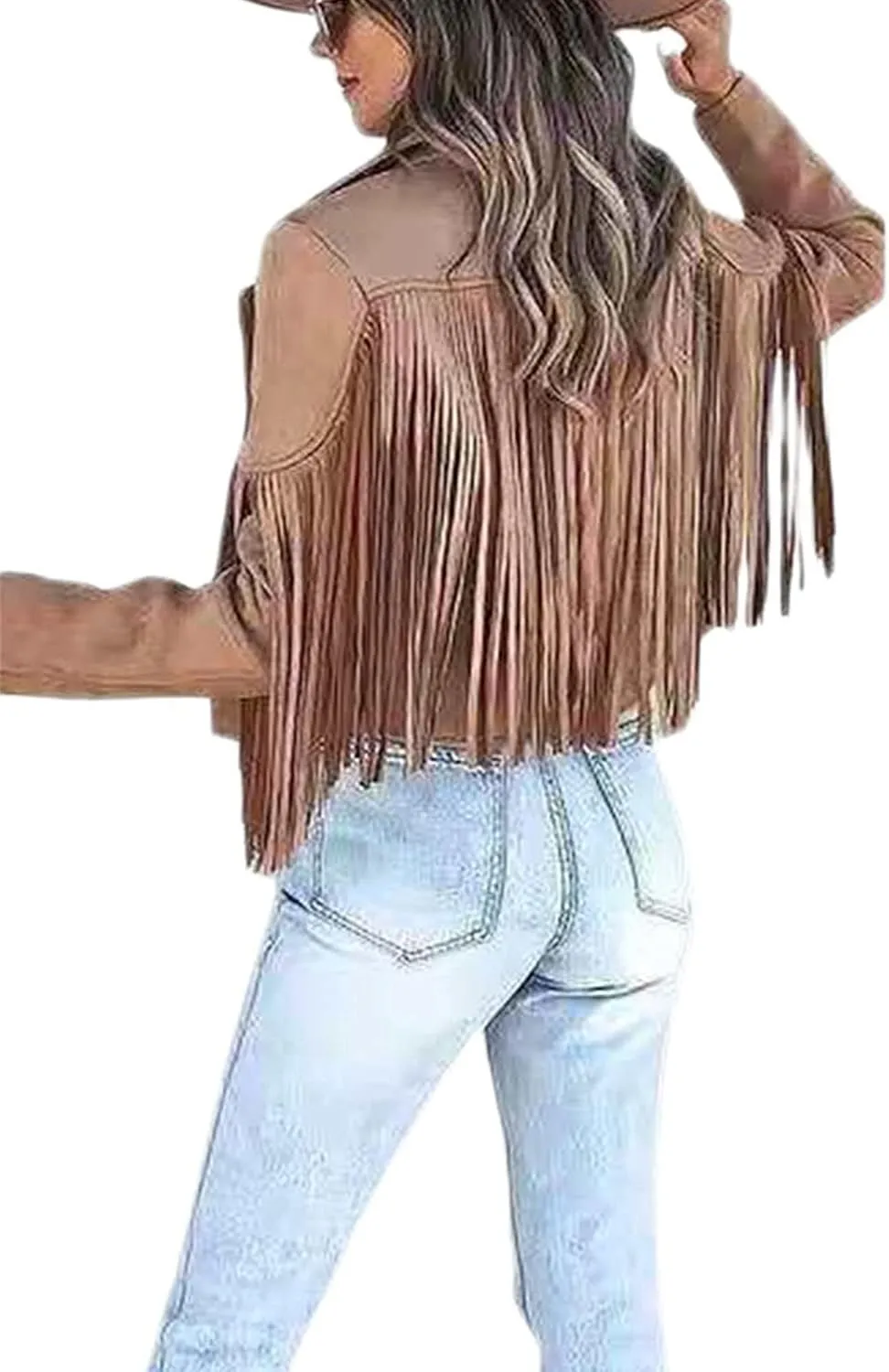 Faux Suede Tassel Jacket Womens Vintage Lapel Long Sleeve Fringe Cropped Cardigan Outwears