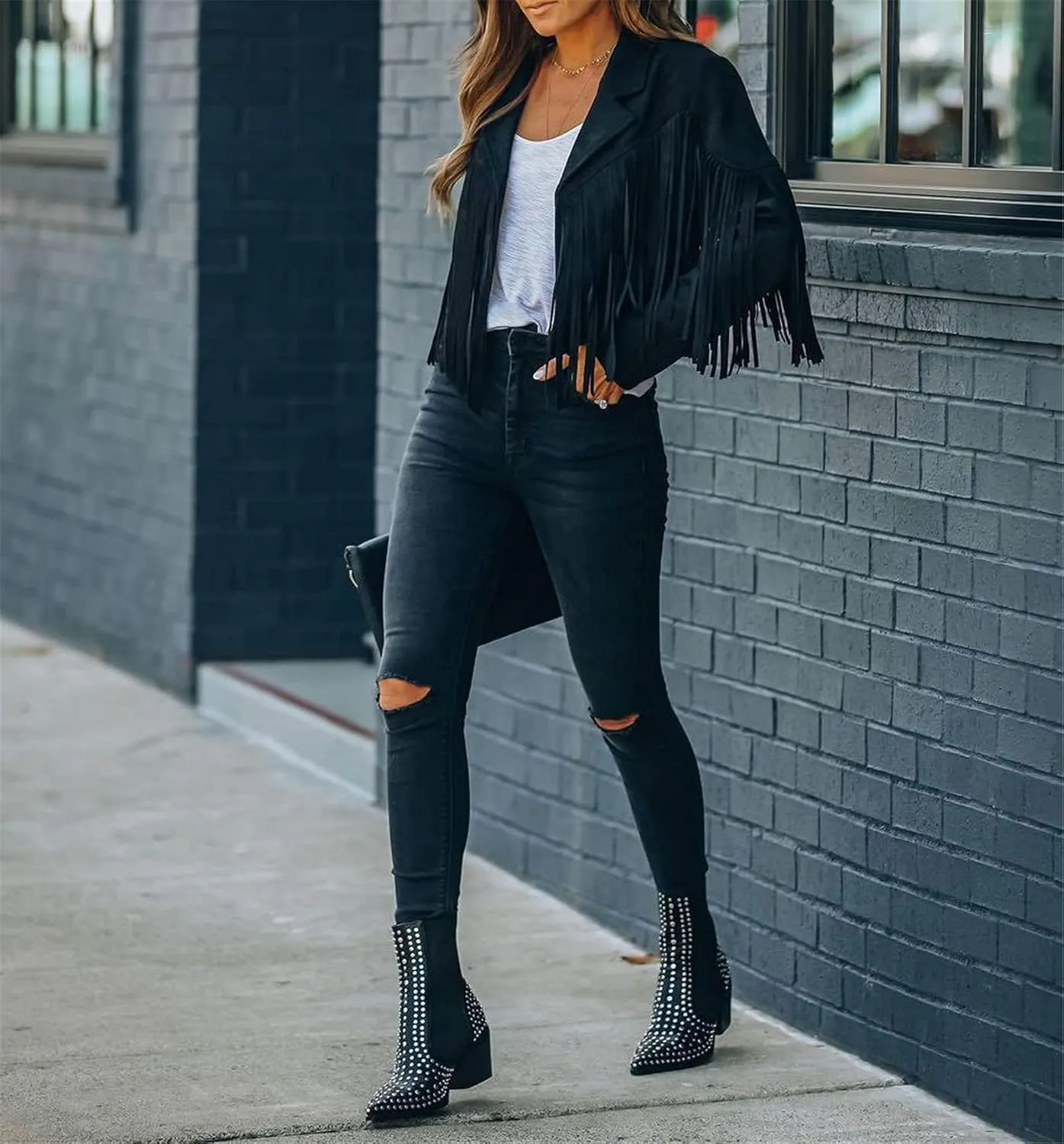 Faux Suede Tassel Jacket Womens Vintage Lapel Long Sleeve Fringe Cropped Cardigan Outwears
