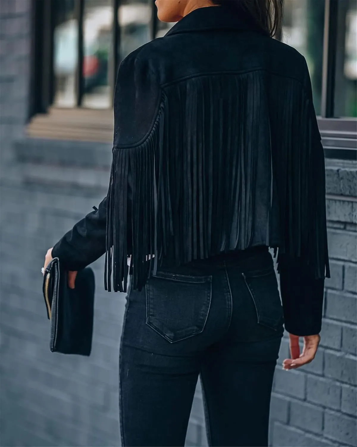 Faux Suede Tassel Jacket Womens Vintage Lapel Long Sleeve Fringe Cropped Cardigan Outwears