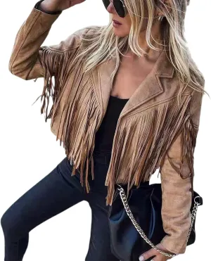 Faux Suede Tassel Jacket Womens Vintage Lapel Long Sleeve Fringe Cropped Cardigan Outwears