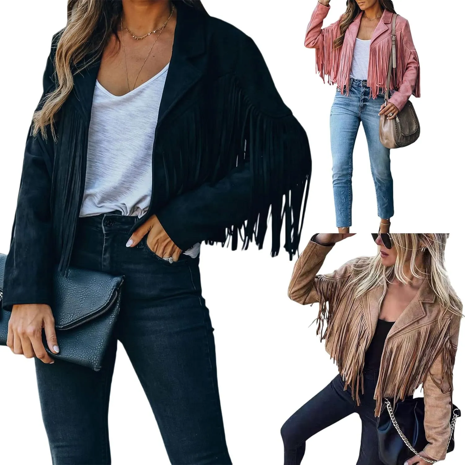 Faux Suede Tassel Jacket Womens Vintage Lapel Long Sleeve Fringe Cropped Cardigan Outwears