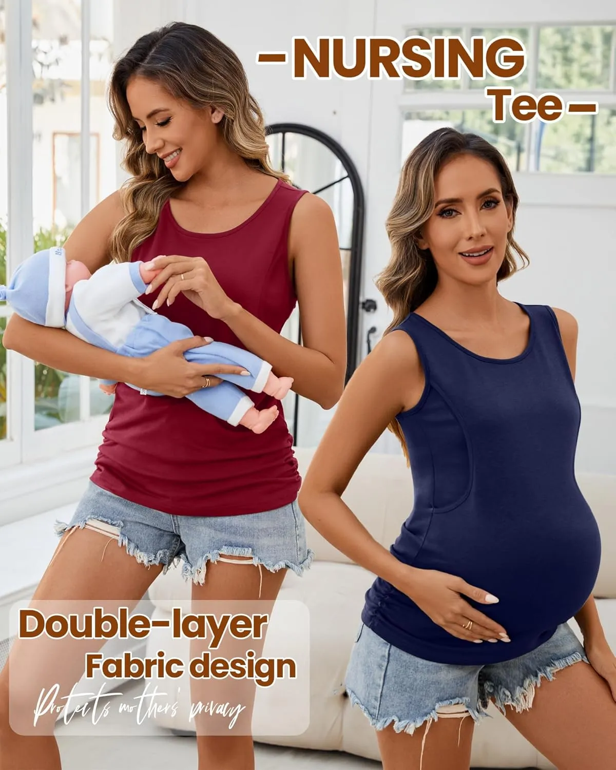 Ficerd 4 Pack Women's Cotton Nursing Tank Tops Sleeveless Breastfeeding Maternity Shirts Double Layer Pregnancy Clothes