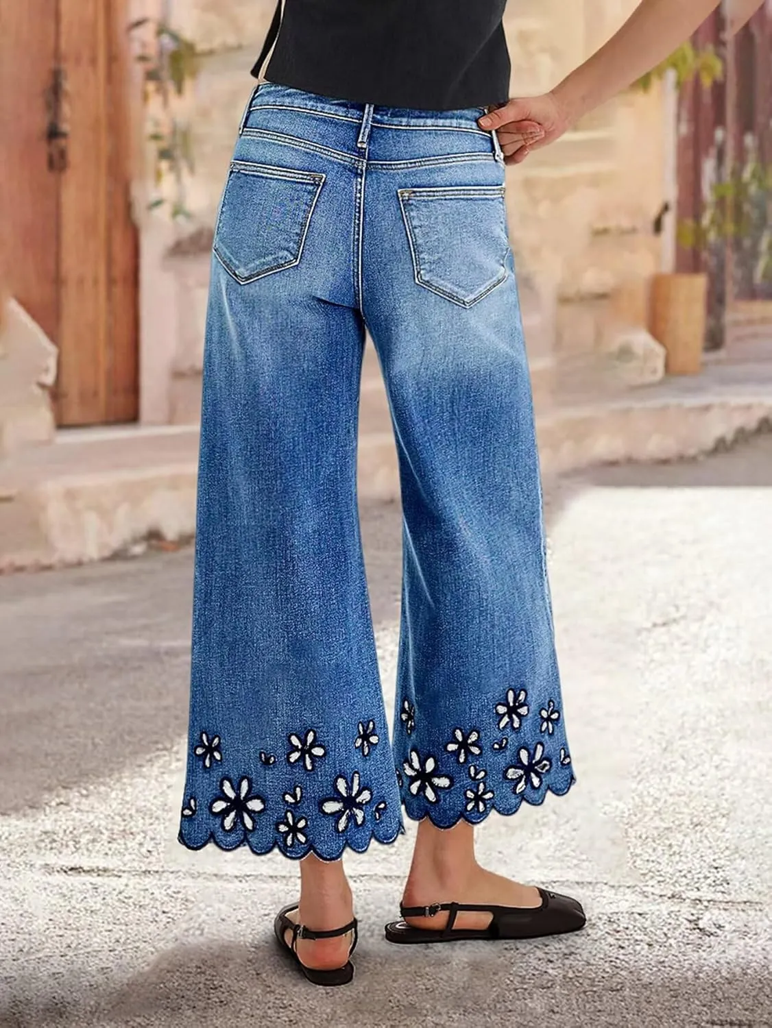 Flamingals Women's Wide Leg Crop Jeans Mid Rise Floral Embroidery Strechy Casual Trendy Denim Pants